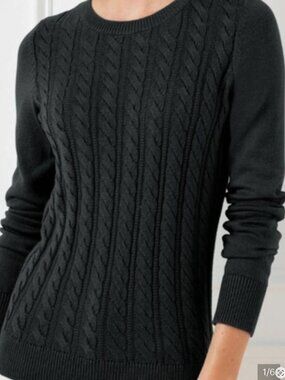 Talbots Cable Knit Sweater Black Size 1X Petite Crew Neck Minimalist Lightweight